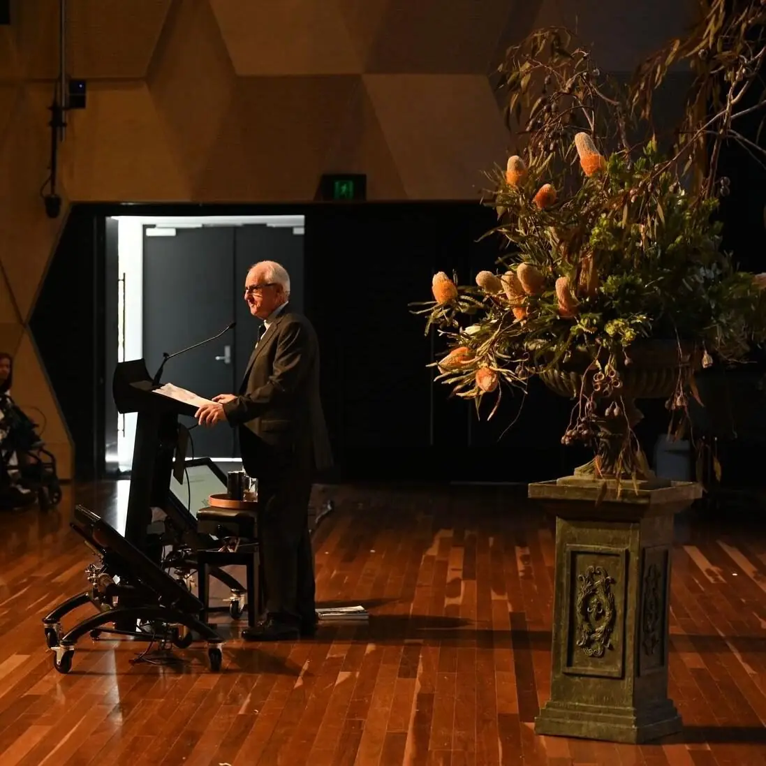 Native banksia pedestal arrangement at a memorial service